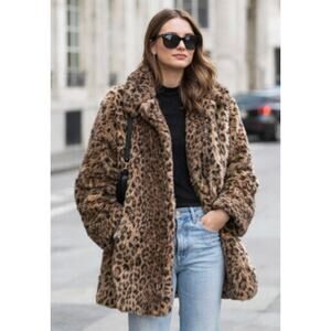 Vintage Terry Lewis Leopard Faux Fur Coat Oversized Small Brown Animal Print